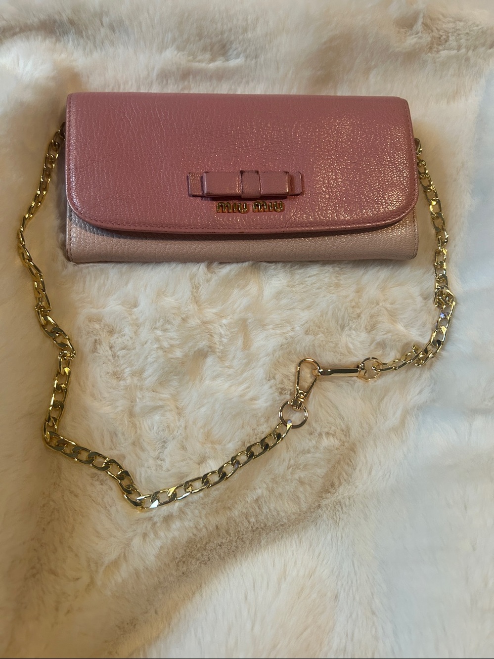 Miu Miu Pink Leather Chain wallet with Gold Hardware, chain and Bow Accent